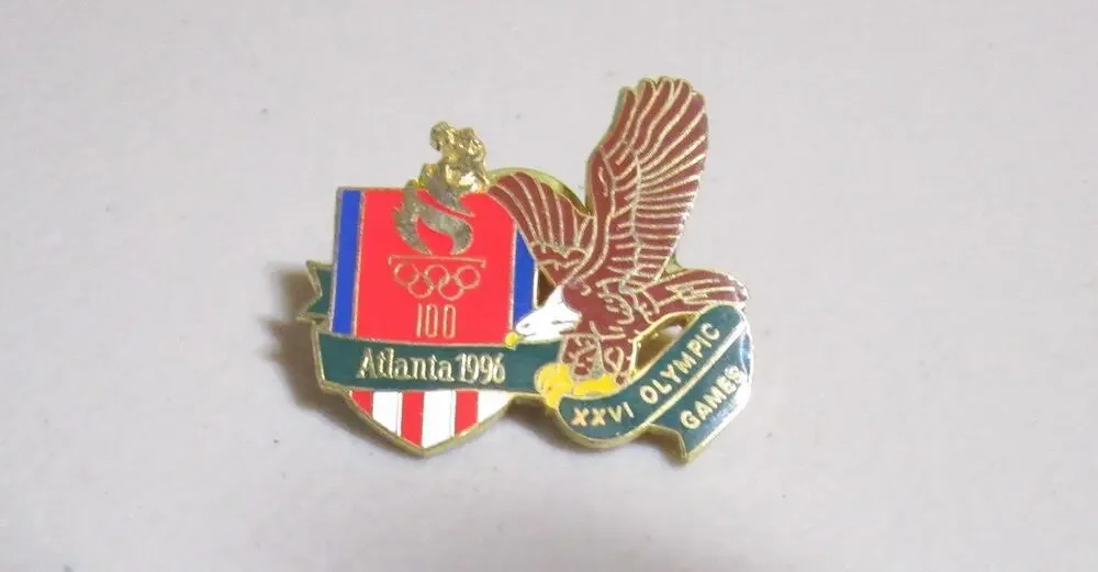 Atlanta 1996 Olympic Games Brass Enamel Lapel Pin Torch Flame, Eagle & Rings
